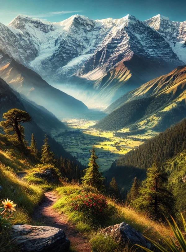 DALL·E 2025-02-01 22.50.17 – A breathtaking view of the majestic Himalayas in Uttarakhand, India. The scene captures towering snow-capped peaks under a clear blue sky, with lush g